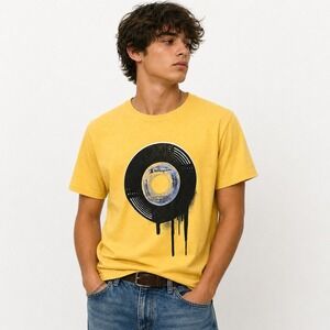 Champion T-Shirt Mens M Slim‎ Yellow Vinyl Record Graphic Drip Y2K Music Tee